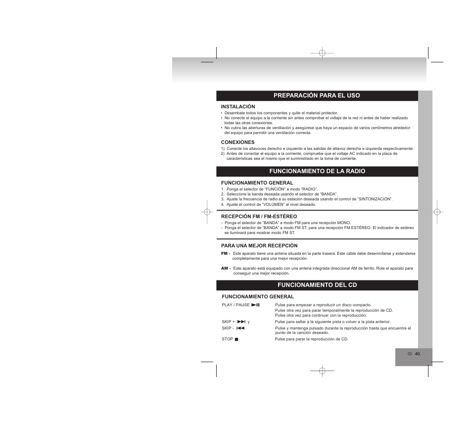 Funcionamiento de la radio, Funcionamiento del cd, Preparación para el uso | Elta 2750G User Manual | Page 40 / 86