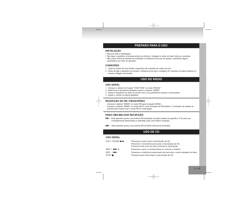 Uso do rádio, Uso de cd, Preparo para o uso | Elta 2750G User Manual | Page 47 / 86