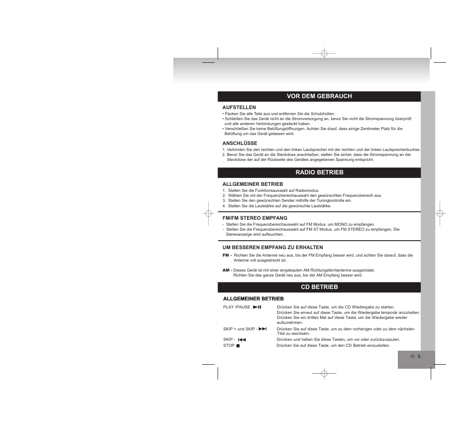 Radio betrieb, Cd betrieb, Vor dem gebrauch | Elta 2750G User Manual | Page 5 / 86