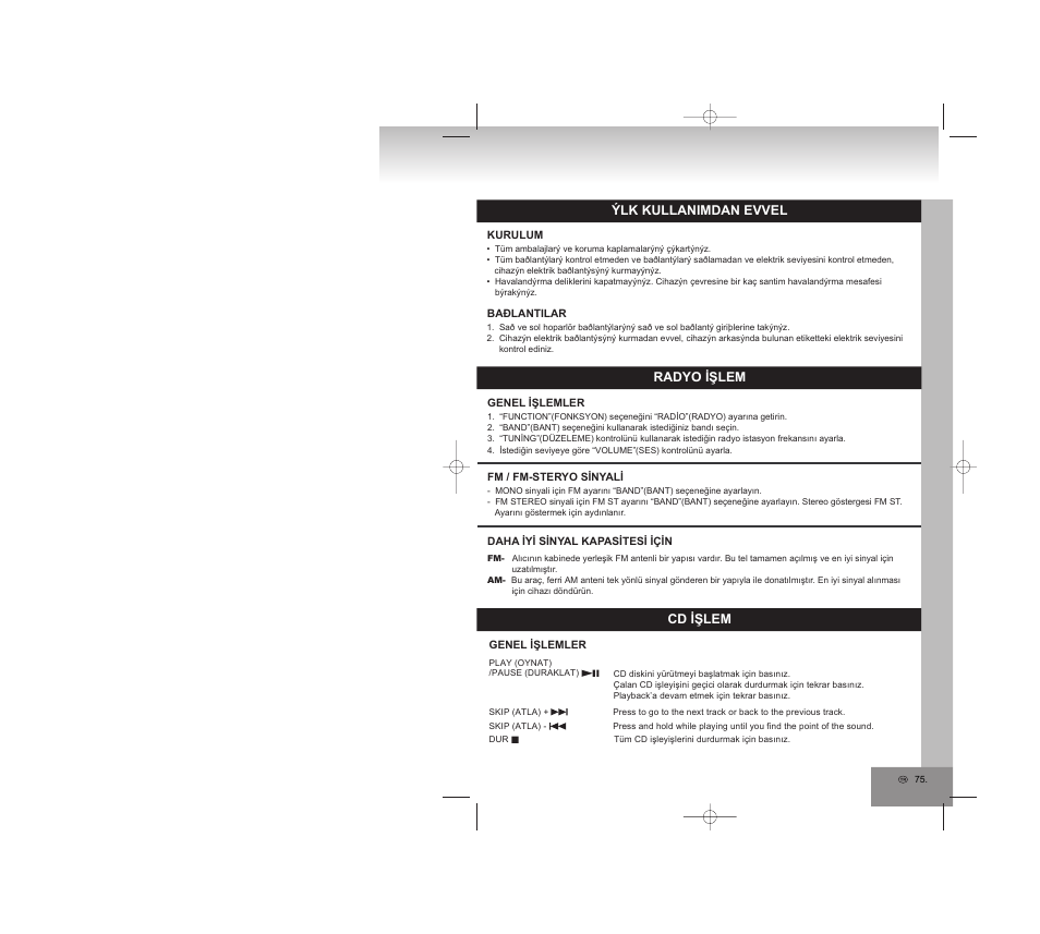 Radyo işlem, Cd işlem, Ýlk kullanimdan evvel | Elta 2750G User Manual | Page 75 / 86