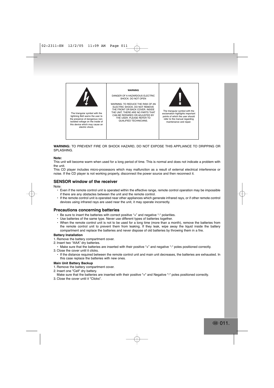 Sensor window of the receiver, Precautions concerning batteries | Elta 2311 User Manual | Page 11 / 79