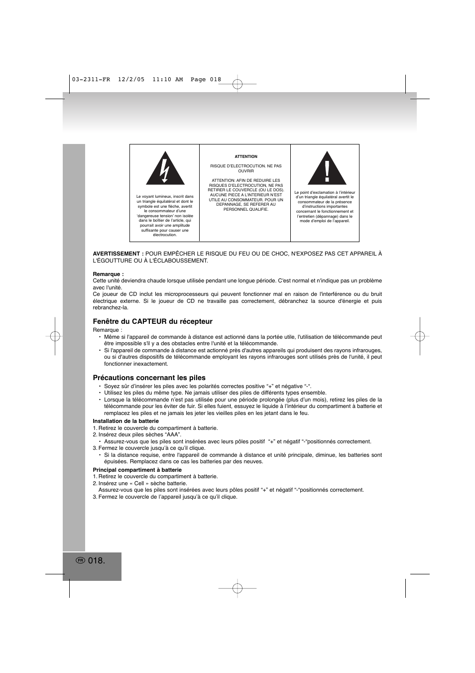 Fenêtre du capteur du récepteur, Précautions concernant les piles | Elta 2311 User Manual | Page 18 / 79