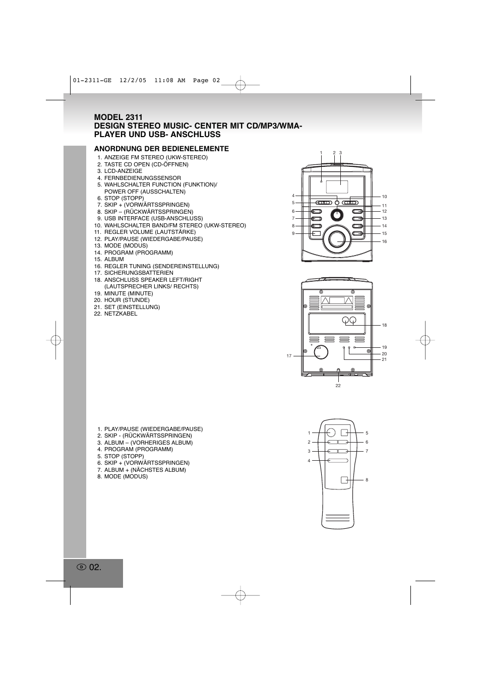 2311-ge.pdf, Anordnung der bedienelemente | Elta 2311 User Manual | Page 2 / 79