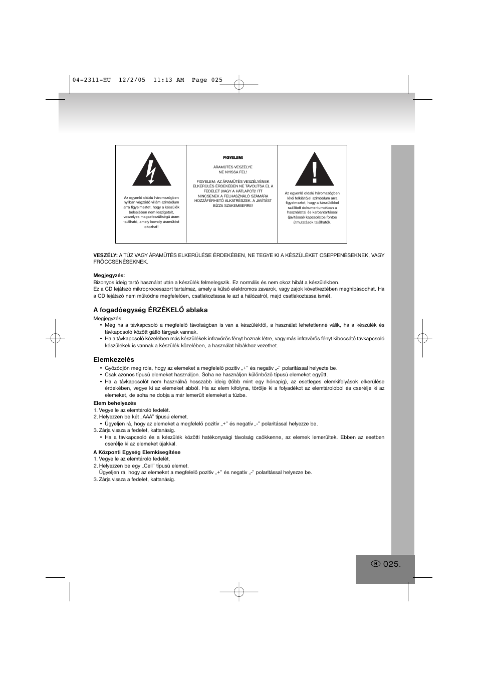 A fogadóegység érzékelő ablaka, Elemkezelés | Elta 2311 User Manual | Page 25 / 79