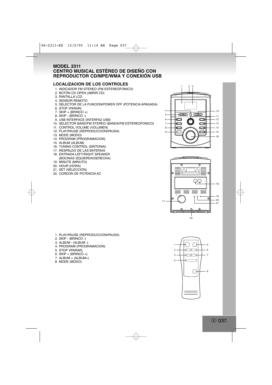 2311-es.pdf, Localizacion de los controles | Elta 2311 User Manual | Page 37 / 79