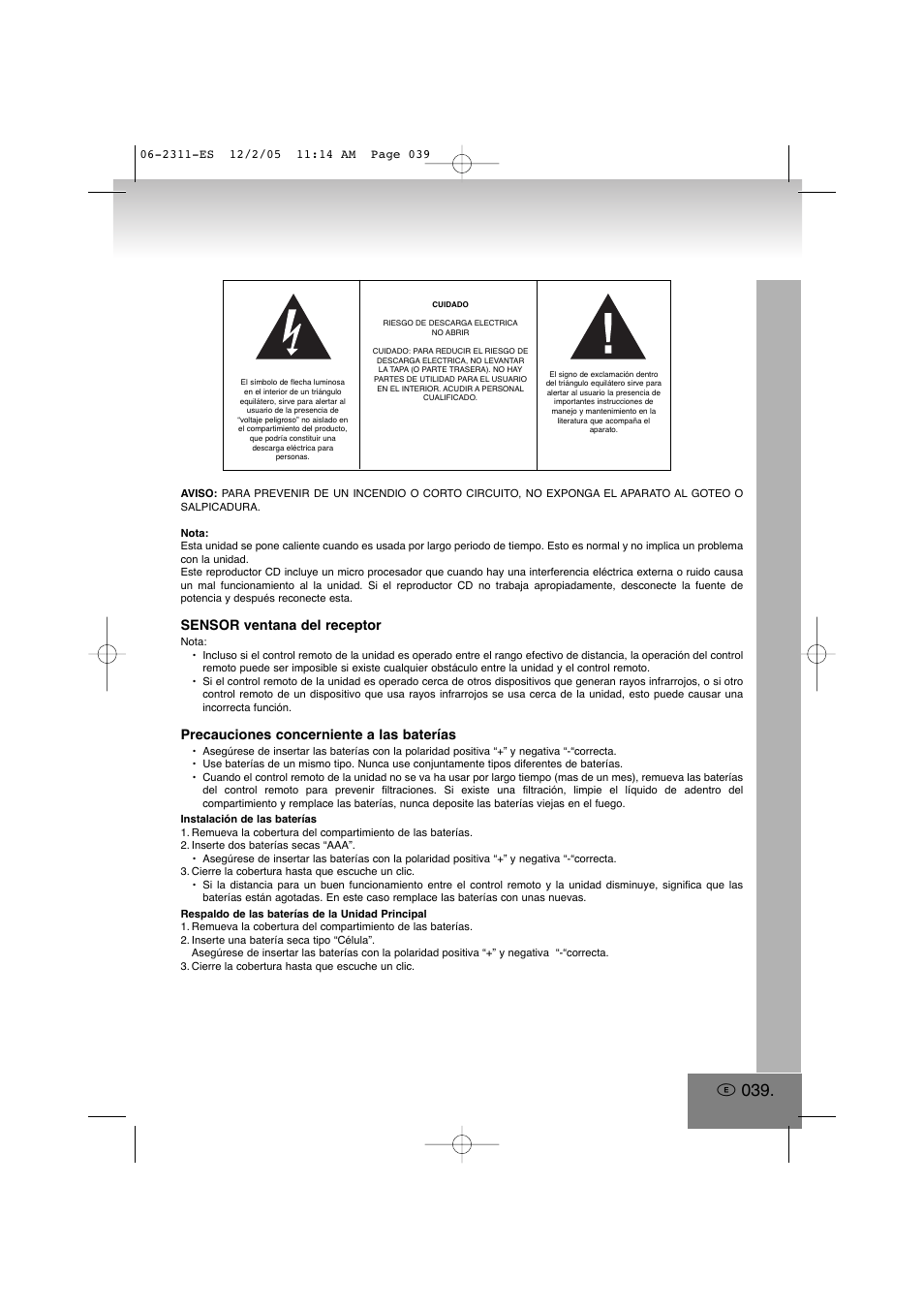 Sensor ventana del receptor, Precauciones concerniente a las baterías | Elta 2311 User Manual | Page 39 / 79