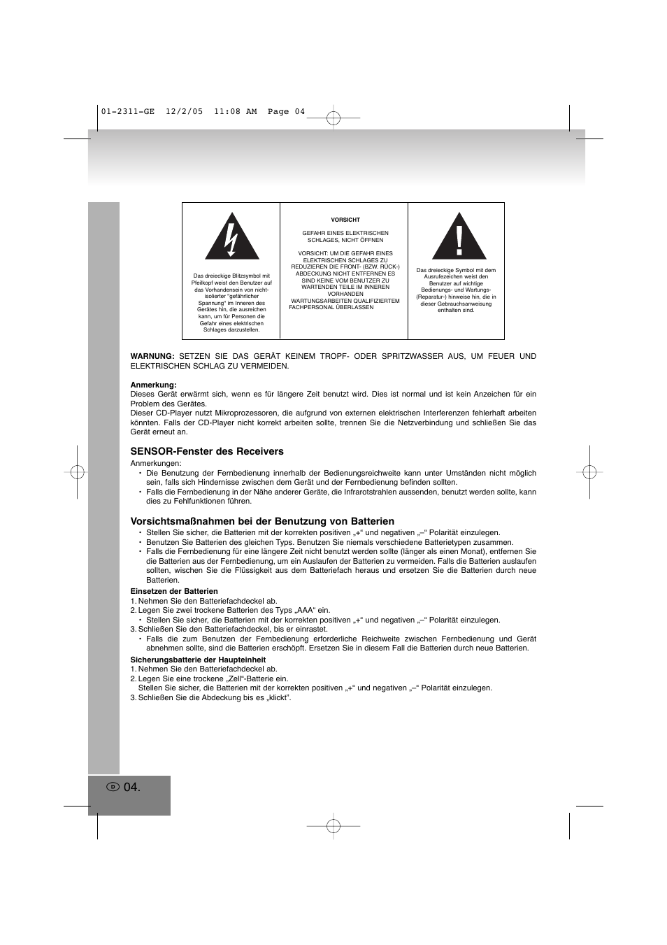 Sensor-fenster des receivers, Vorsichtsmaßnahmen bei der benutzung von batterien | Elta 2311 User Manual | Page 4 / 79