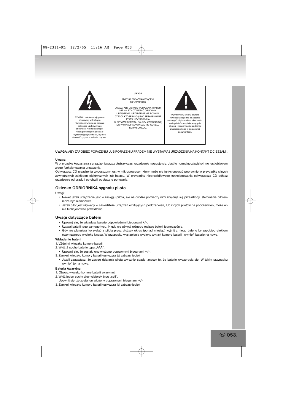Okienko odbiornika sygnału pilota, Uwagi dotyczące baterii | Elta 2311 User Manual | Page 53 / 79