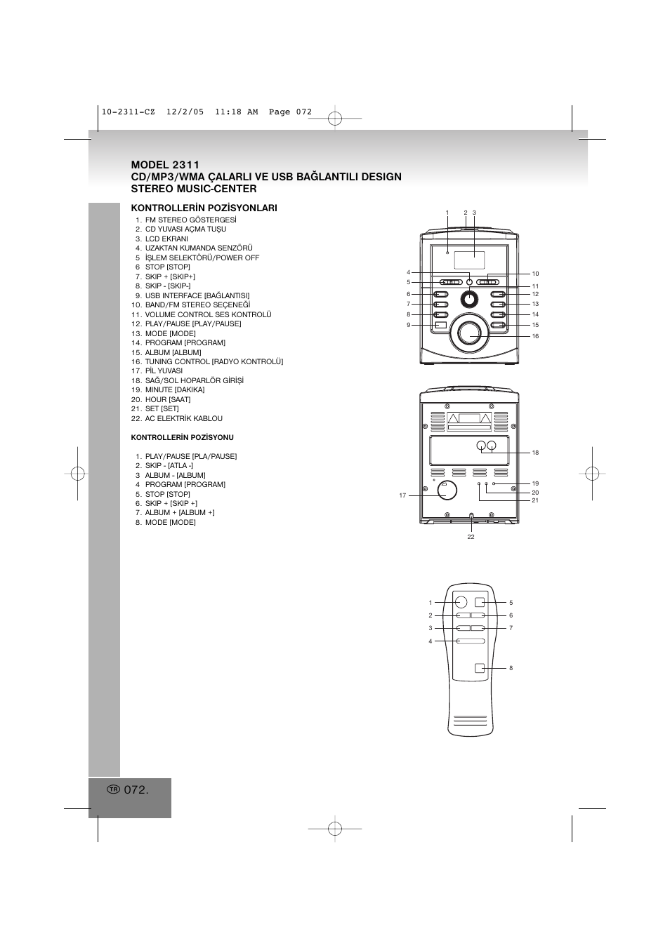 Kontrollerýn pozýsyonlari | Elta 2311 User Manual | Page 72 / 79