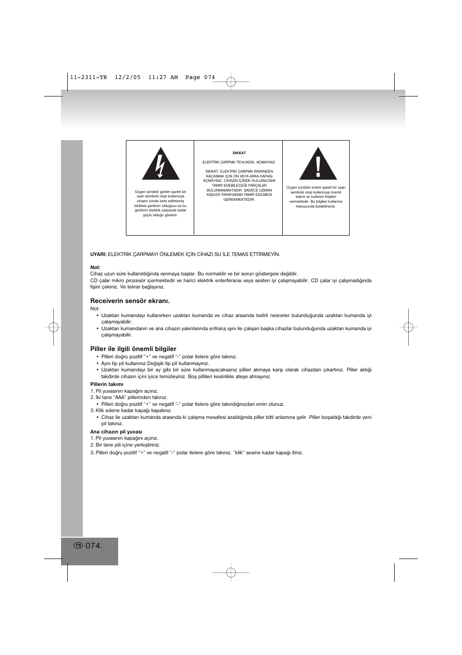 Receiverin sensör ekraný, Piller ile ilgili önemli bilgiler | Elta 2311 User Manual | Page 74 / 79