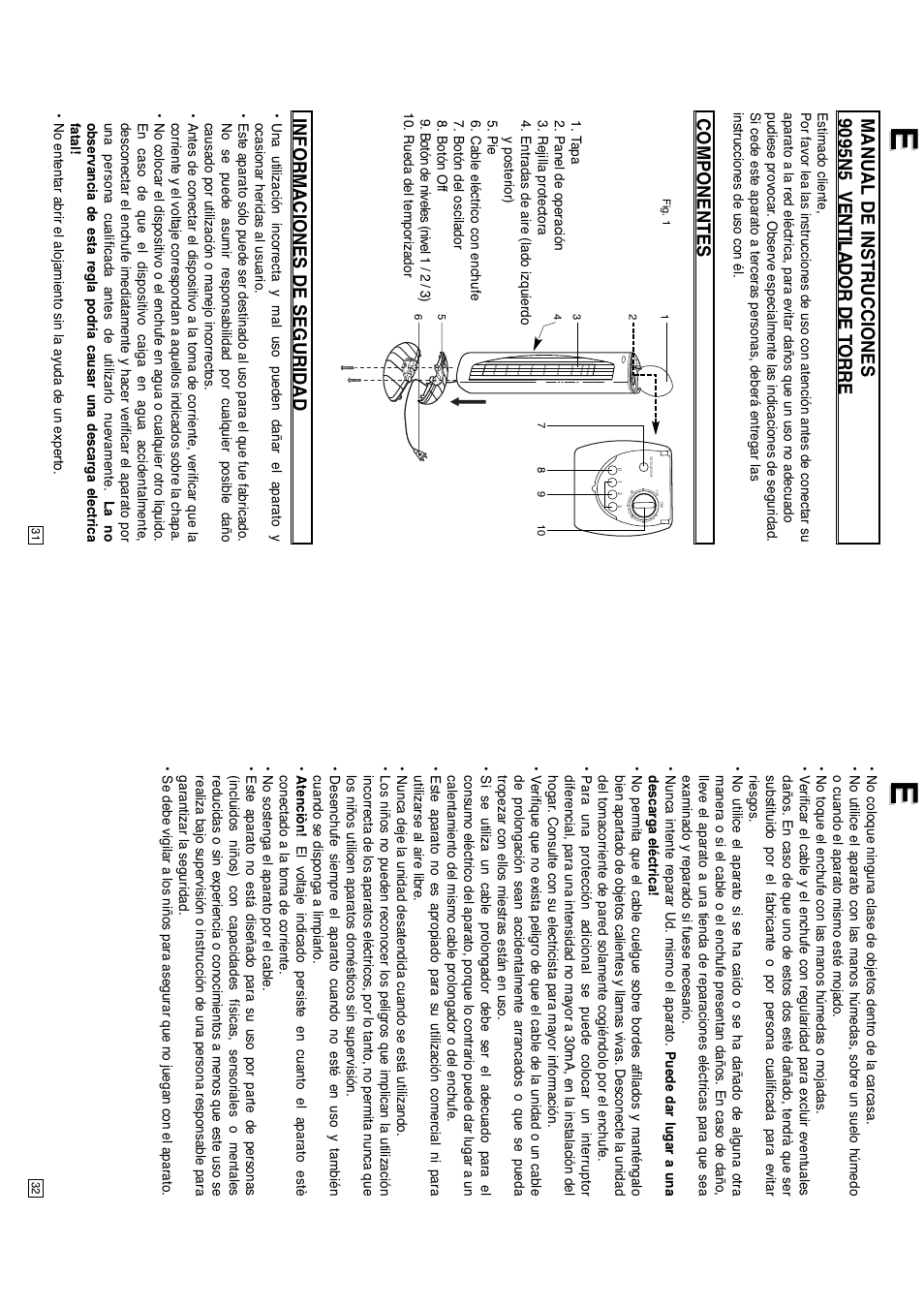 Componentes, Informaciones de seguridad | Elta 9095N5 User Manual | Page 17 / 43