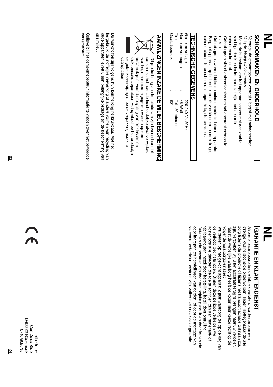 Schoonmaken en onderhoud, Technische gegevens, Aanwijzingen inzake de milieubescherming | Garantie en klantendienst | Elta 9095N5 User Manual | Page 28 / 43