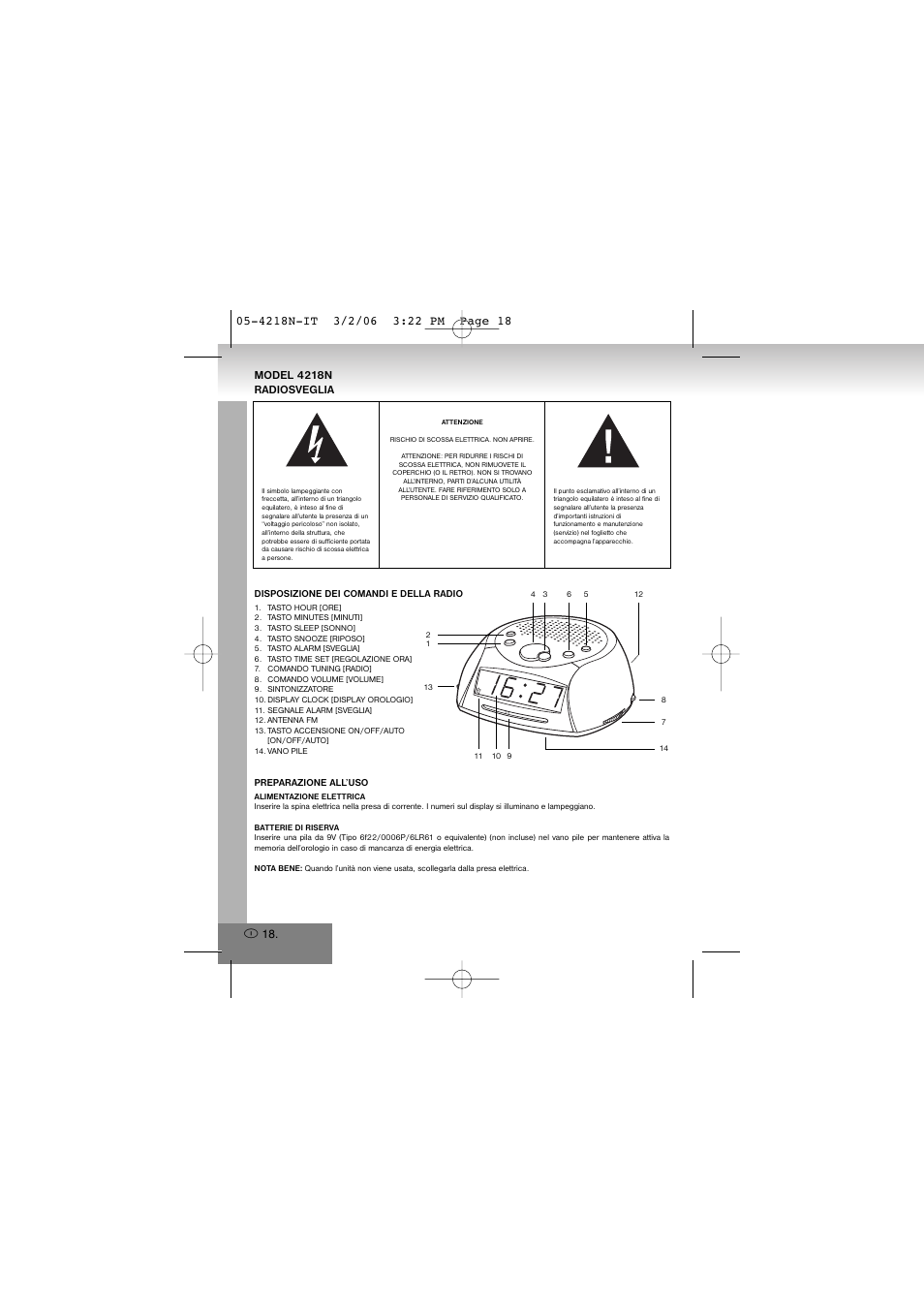 4218n-it.pdf, Model 4218n radiosveglia | Elta 4218N User Manual | Page 18 / 46