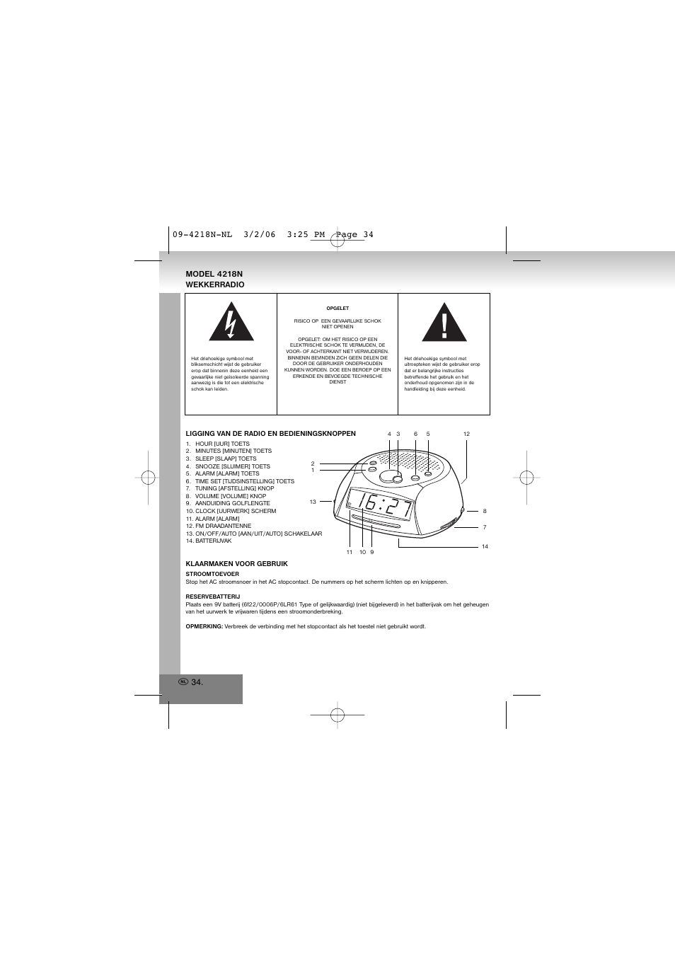 4218n-nl.pdf, Model 4218n wekkerradio | Elta 4218N User Manual | Page 34 / 46