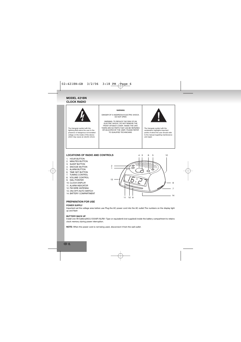 4218n-gb.pdf, Model 4218n clock radio | Elta 4218N User Manual | Page 6 / 46