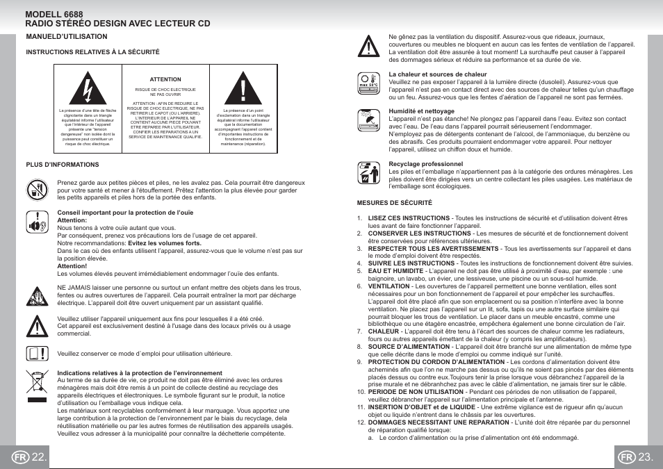 Elta_6688_im p022,23_fr.pdf, Modell 6688 radio stéréo design avec lecteur cd | Elta 6688 User Manual | Page 12 / 71