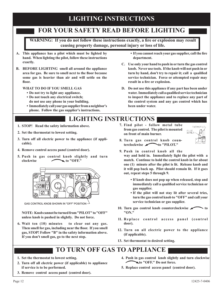 For your safety read before lighting, Lighting instructions | Empire Products GWT-25-2 User Manual | Page 12 / 20