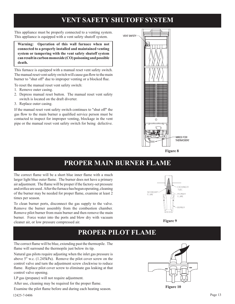 Vent safety shutoff system, Proper main burner flame, Proper pilot flame | Empire Products GWT-25-2 User Manual | Page 13 / 20