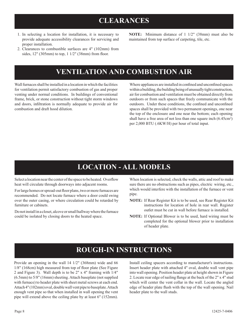 Ventilation and combustion air, Location - all models, Rough-in instructions | Clearances | Empire Products GWT-25-2 User Manual | Page 8 / 20