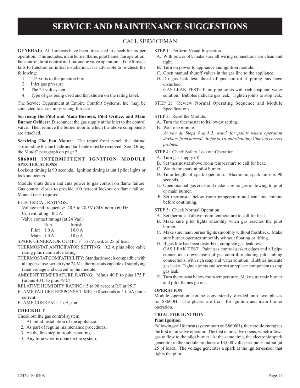 Service and maintenance suggestions, Call serviceman | Empire Products FAW-55IP User Manual | Page 11 / 20