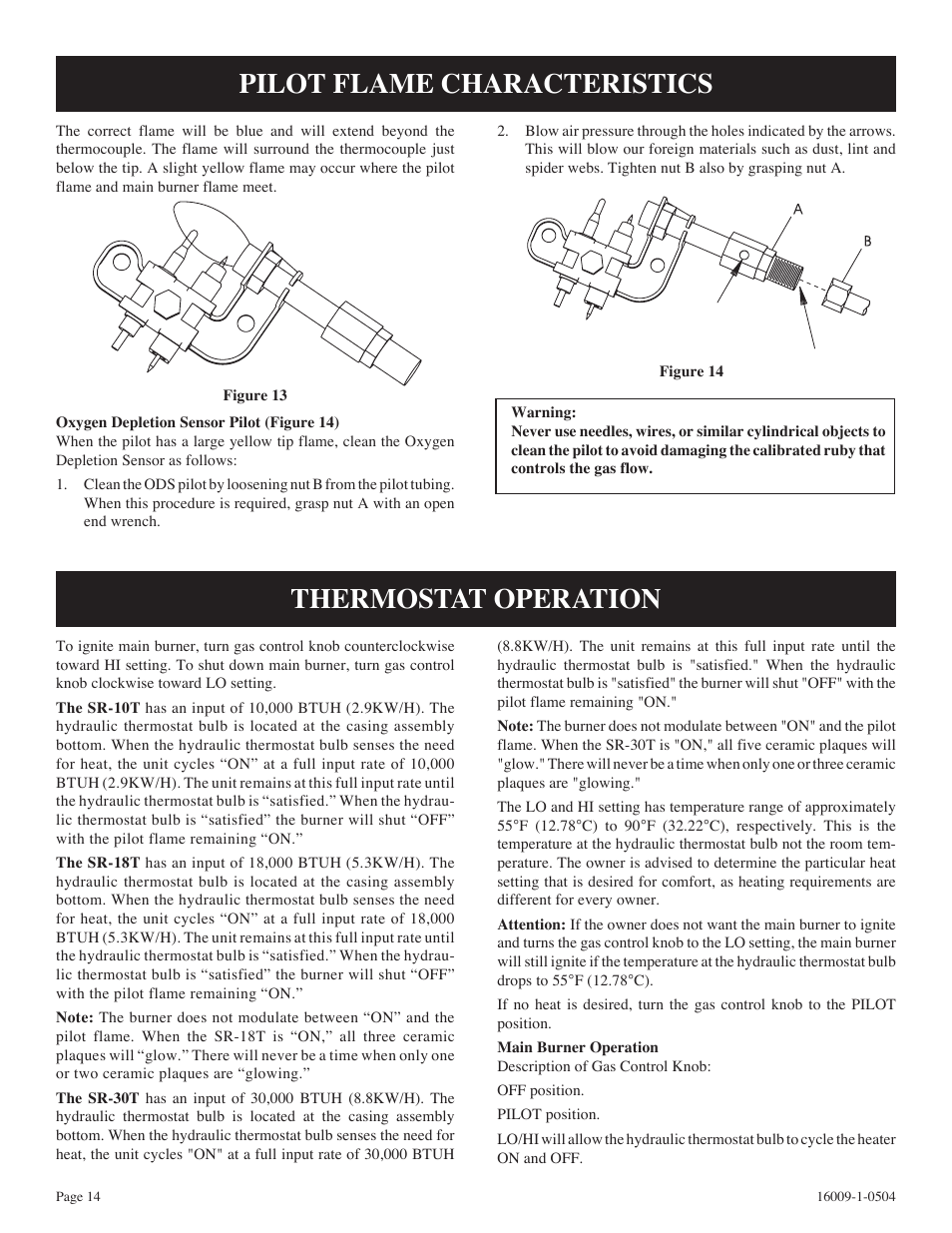 Pilot flame characteristics, Thermostat operation | Empire Products SR-18T-3 User Manual | Page 14 / 24