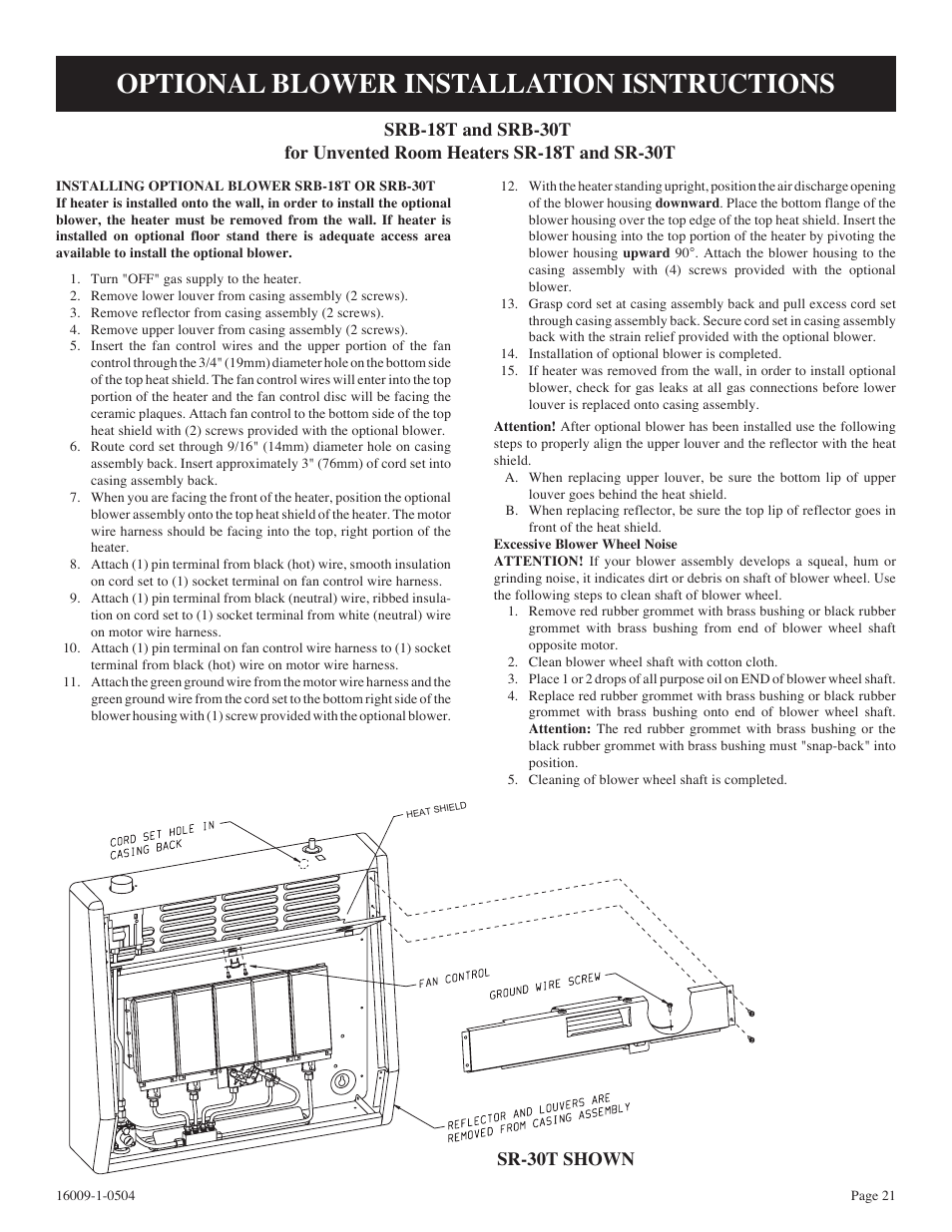 Optional blower installation isntructions | Empire Products SR-18T-3 User Manual | Page 21 / 24