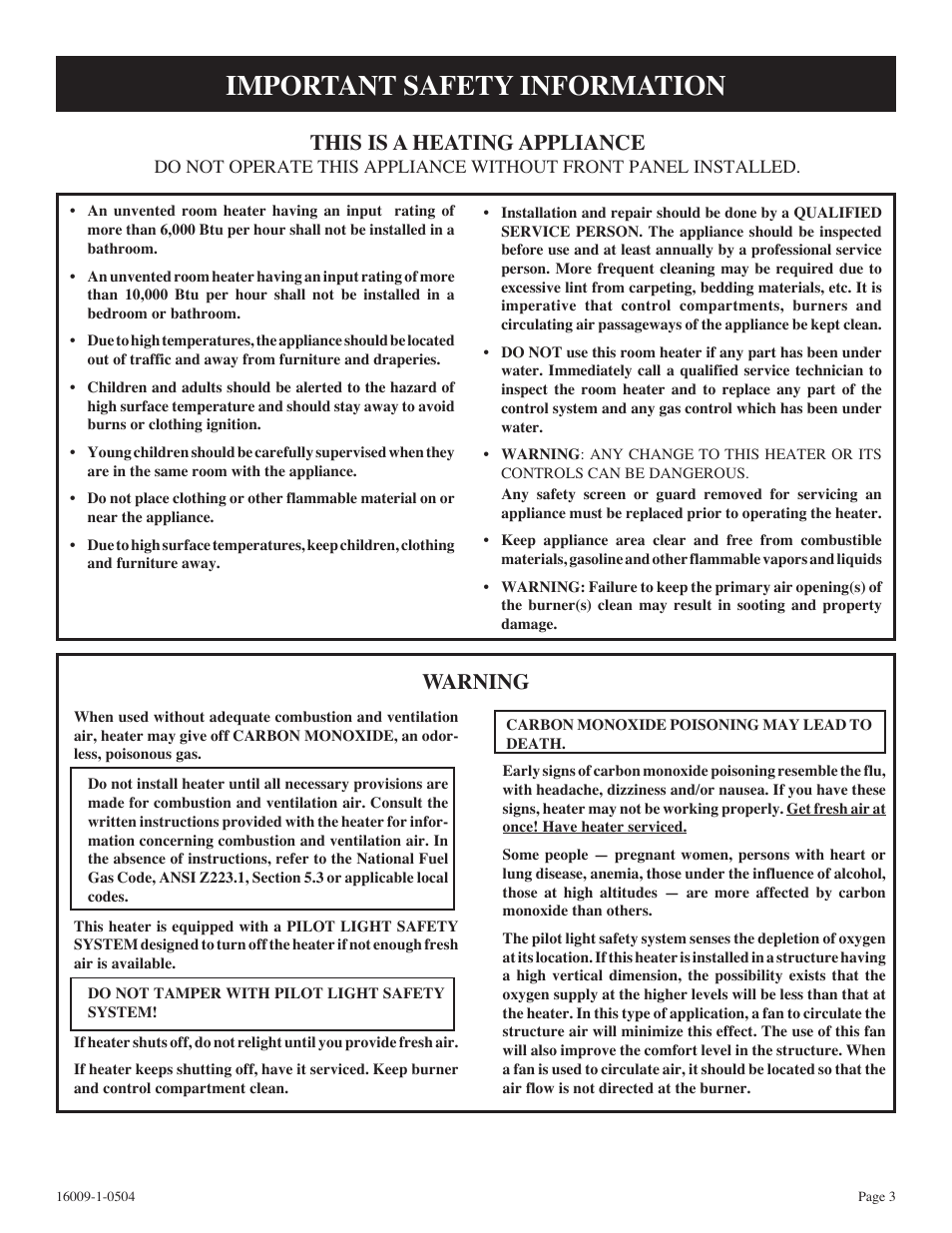 Important safety information, Warning, This is a heating appliance | Empire Products SR-18T-3 User Manual | Page 3 / 24