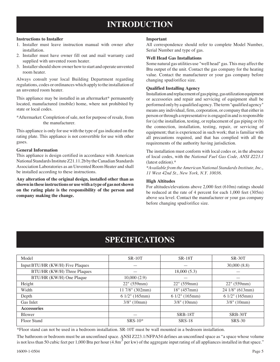 Specifications, Introduction | Empire Products SR-18T-3 User Manual | Page 5 / 24