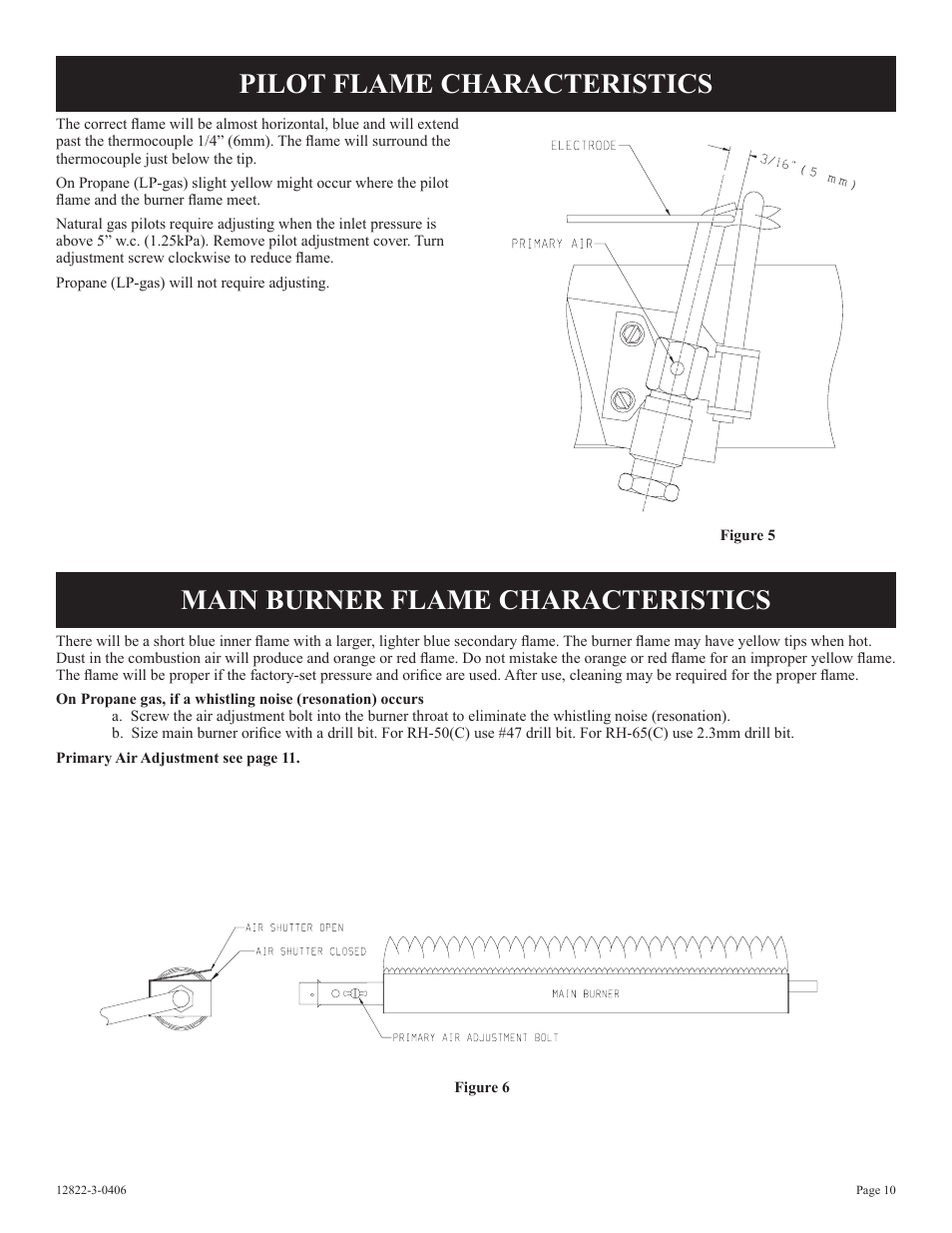 Pilot flame characteristics, Main burner flame characteristics | Empire Products RH-50-6 User Manual | Page 10 / 20