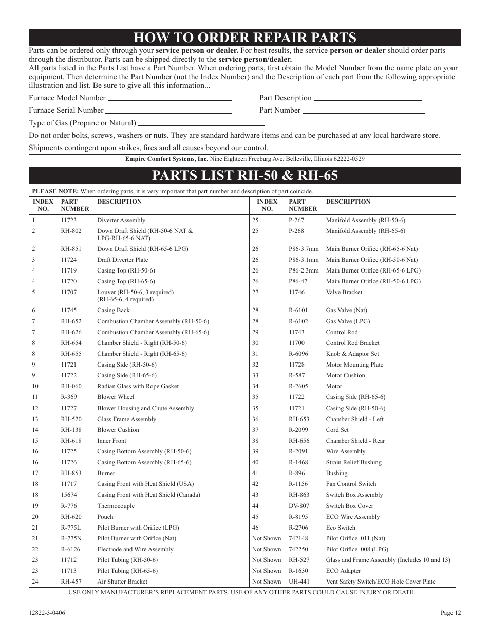 How to order repair parts, Parts list rh-50 & rh-65 | Empire Products RH-50-6 User Manual | Page 12 / 20