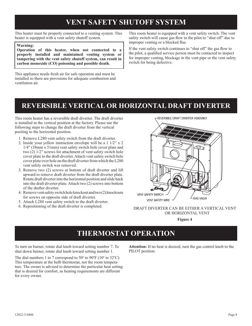 Vent safety shutoff system, Thermostat operation, Reversible vertical or horizontal draft diverter | Empire Products RH-50-6 User Manual | Page 8 / 20