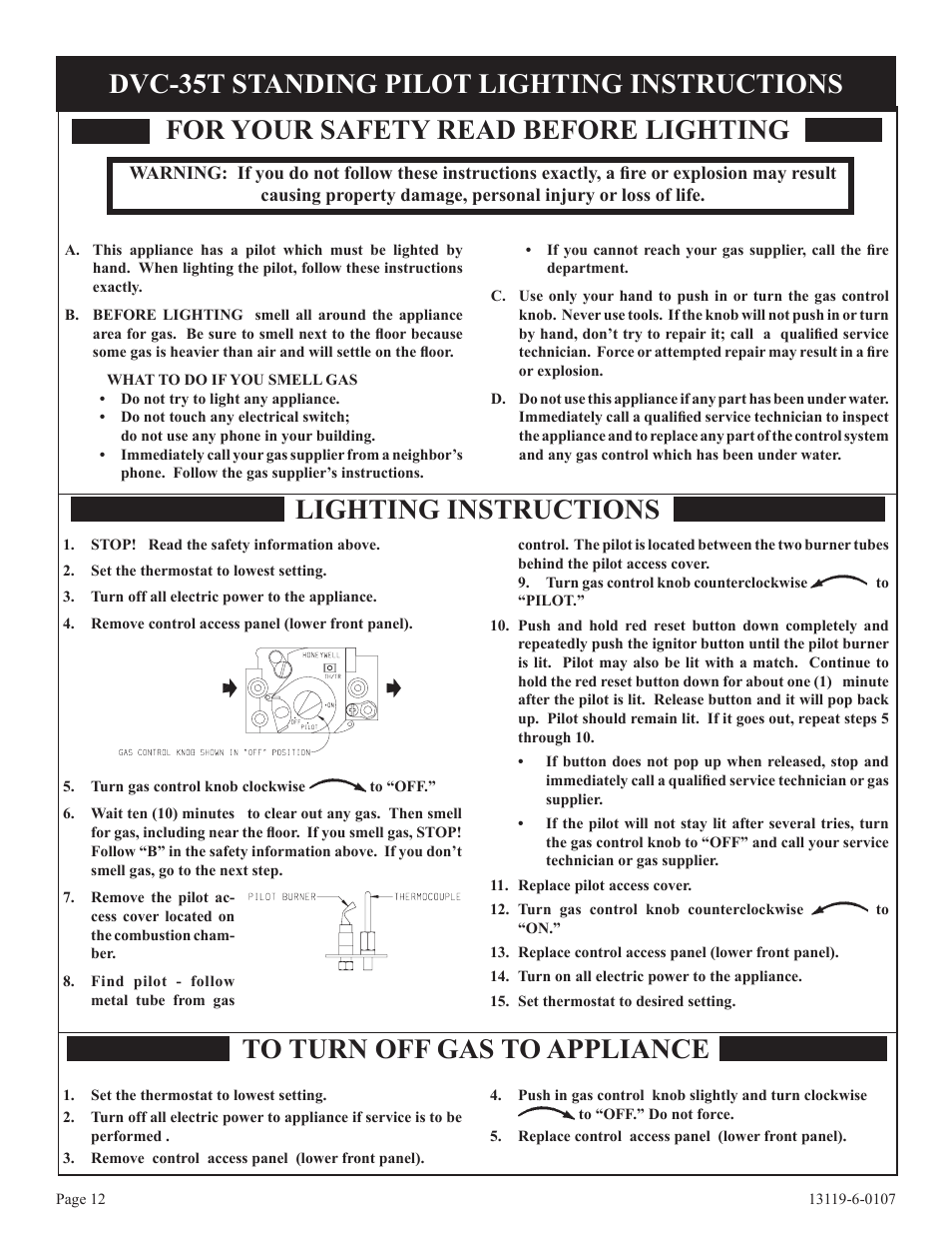 For your safety read before lighting, Lighting instructions, Dvc-35t standing pilot lighting instructions | Empire Products DVC-35T-1 User Manual | Page 12 / 24