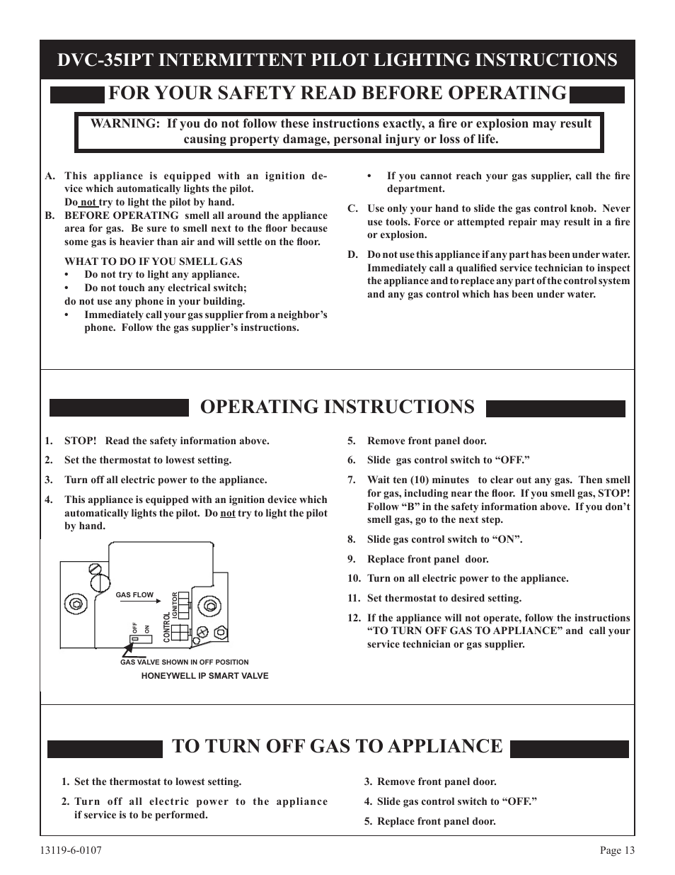 For your safety read before operating, Dvc-35ipt intermittent pilot lighting instructions | Empire Products DVC-35T-1 User Manual | Page 13 / 24