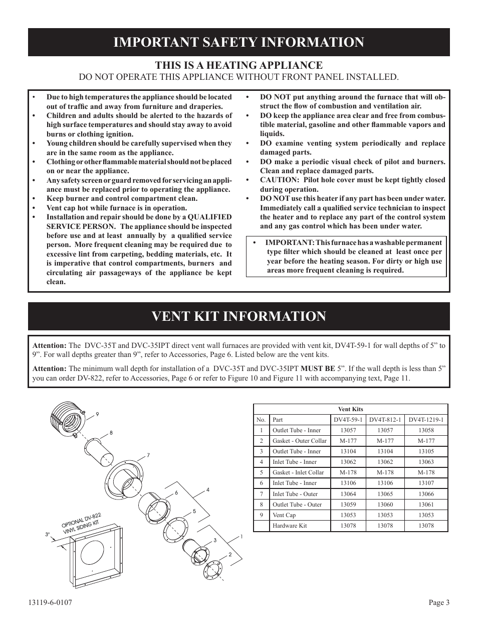 Important safety information vent kit information, This is a heating appliance | Empire Products DVC-35T-1 User Manual | Page 3 / 24