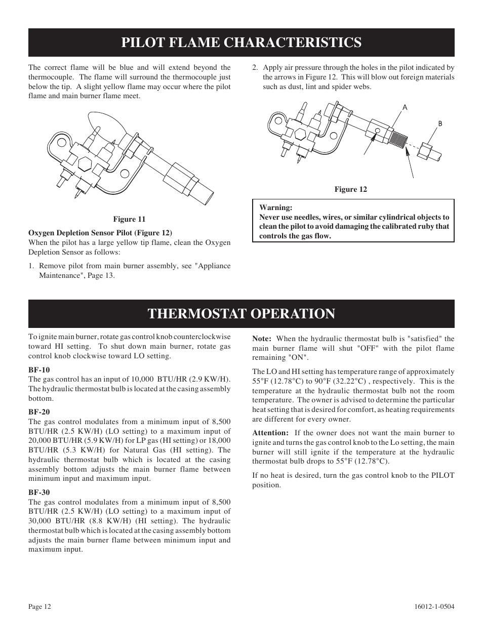 Pilot flame characteristics, Thermostat operation | Empire Products BF-30-2 User Manual | Page 12 / 20