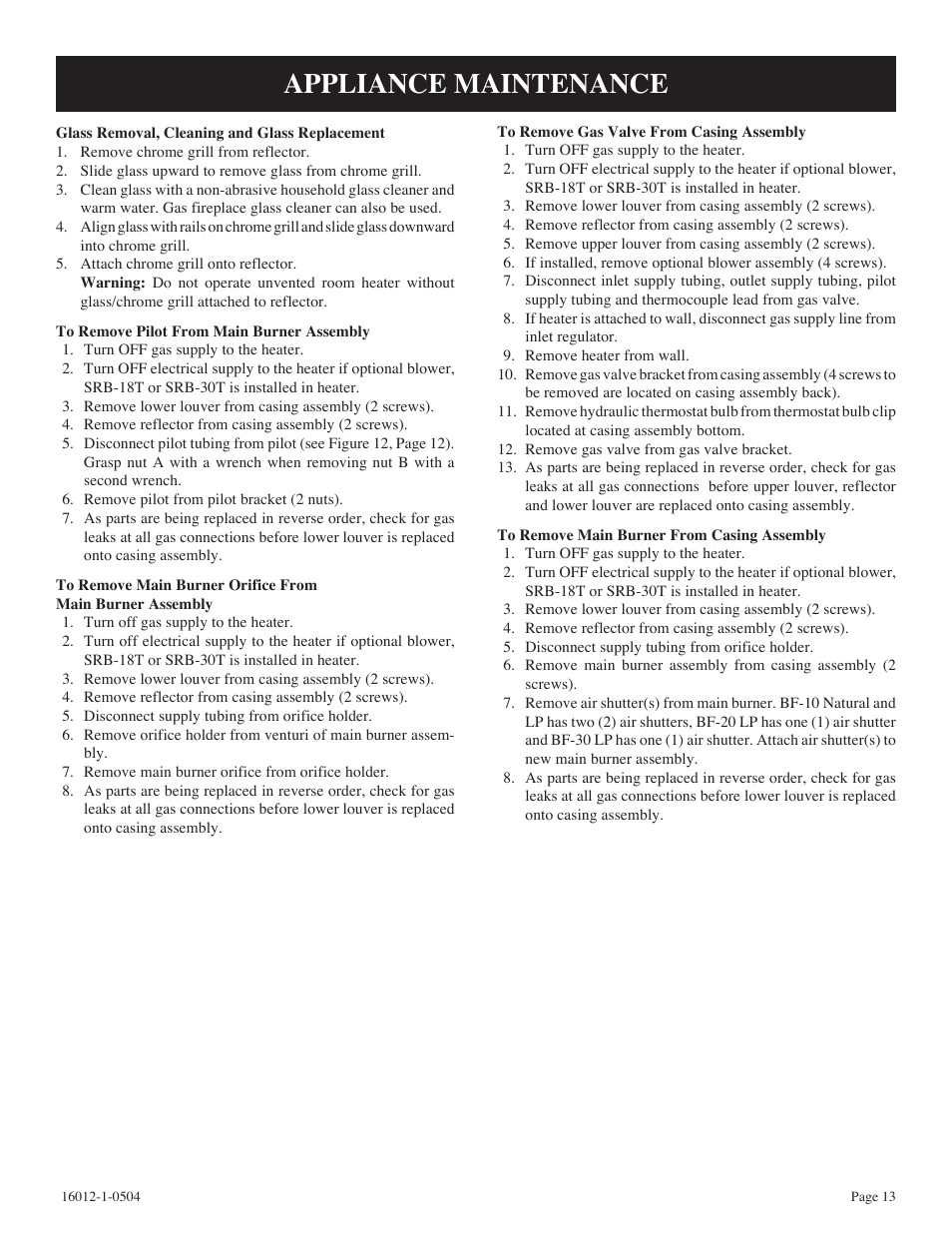 Appliance maintenance | Empire Products BF-30-2 User Manual | Page 13 / 20