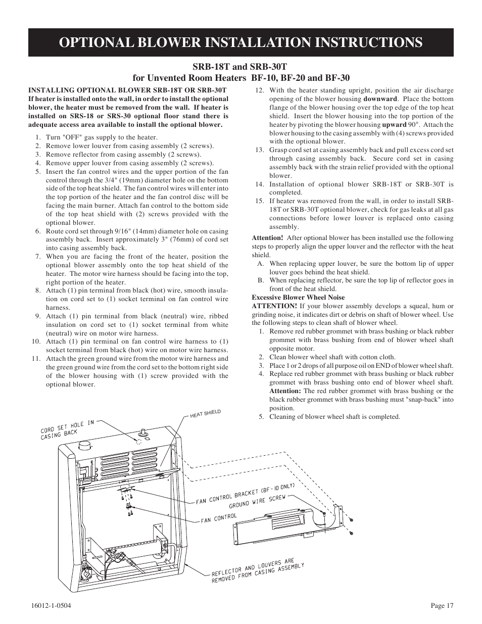 Optional blower installation instructions | Empire Products BF-30-2 User Manual | Page 17 / 20