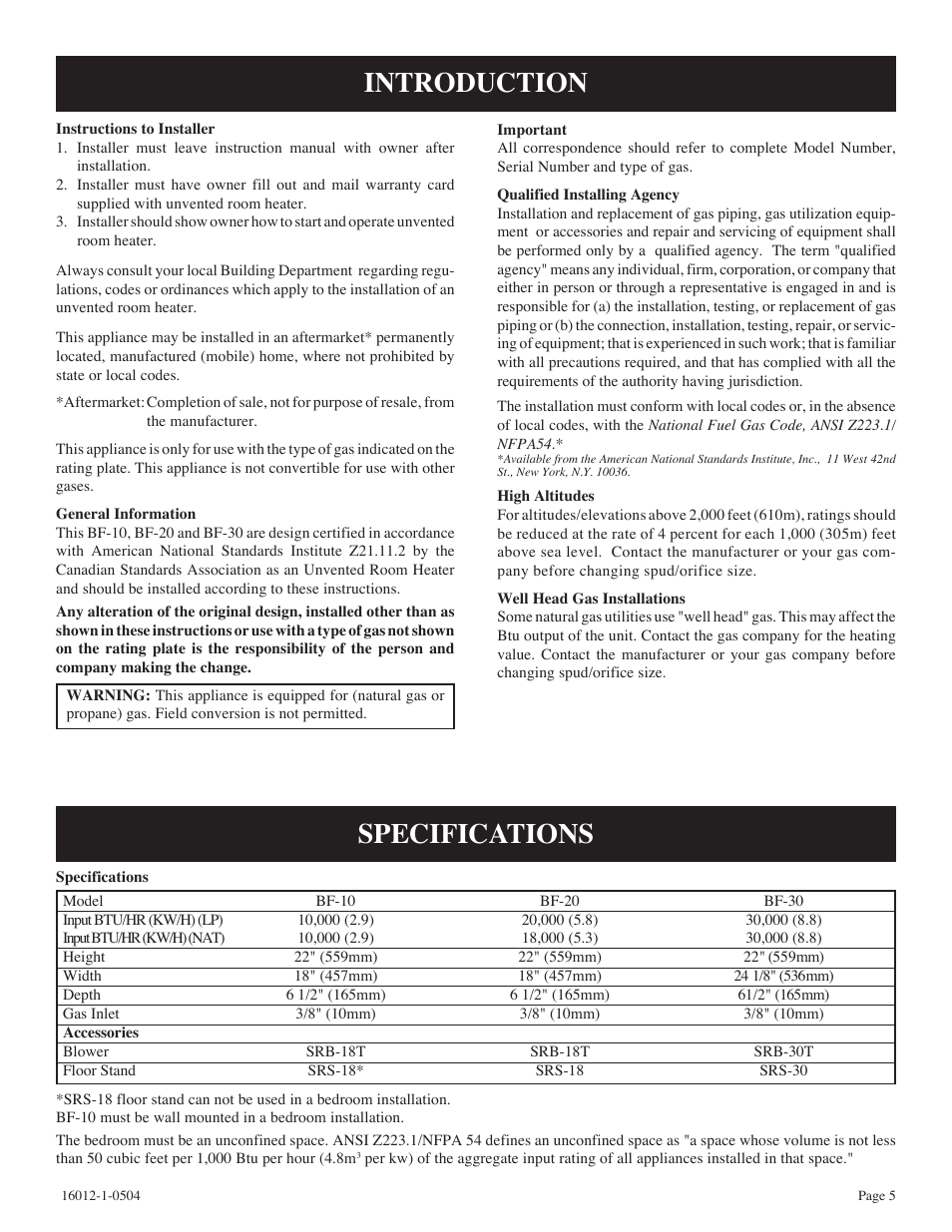 Specifications, Introduction | Empire Products BF-30-2 User Manual | Page 5 / 20