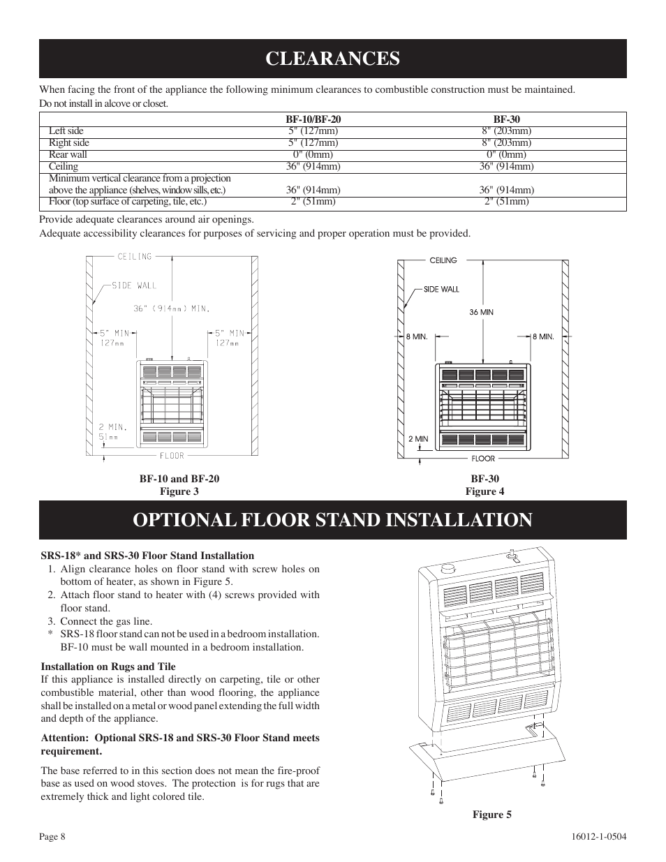 Clearances optional floor stand installation | Empire Products BF-30-2 User Manual | Page 8 / 20
