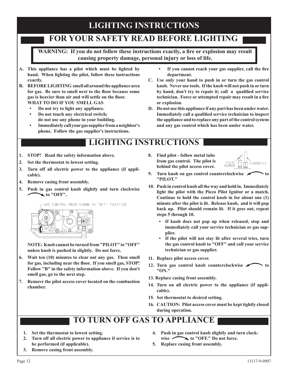 For your safety read before lighting, Lighting instructions | Empire Products DV-25T-1 User Manual | Page 12 / 20