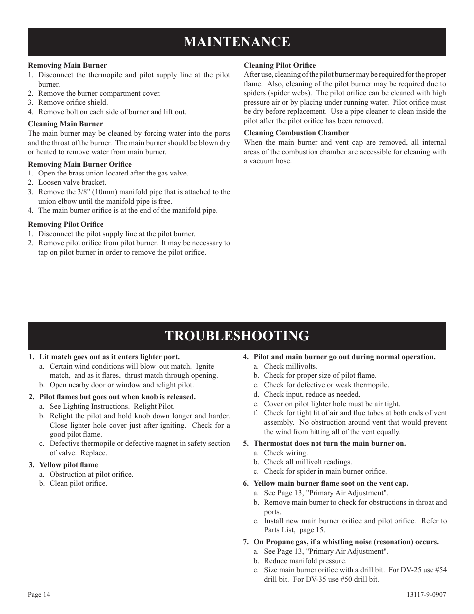 Maintenance troubleshooting | Empire Products DV-25T-1 User Manual | Page 14 / 20