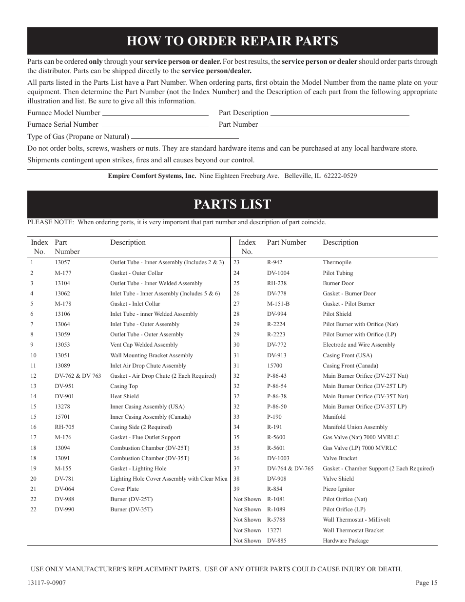 How to order repair parts parts list | Empire Products DV-25T-1 User Manual | Page 15 / 20