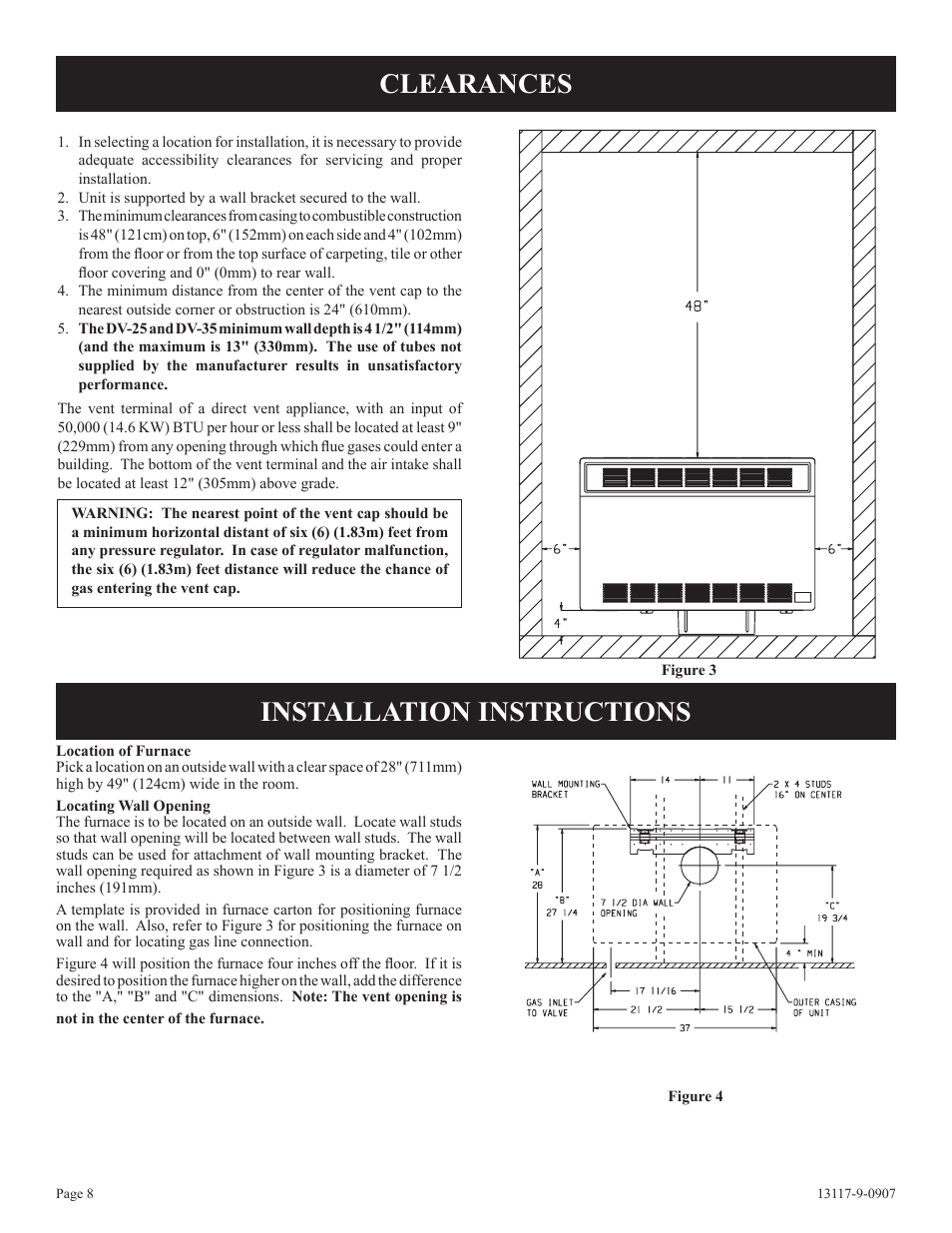Clearances installation instructions | Empire Products DV-25T-1 User Manual | Page 8 / 20