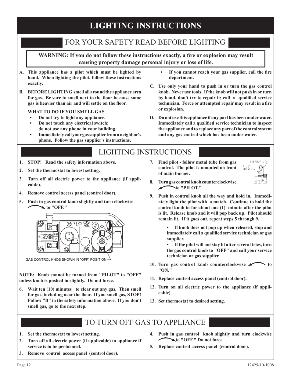 Lighting instructions, For your safety read before lighting, Lighting instructions to turn off gas to appliance | Empire Products GWT-35-2(SG User Manual | Page 12 / 60