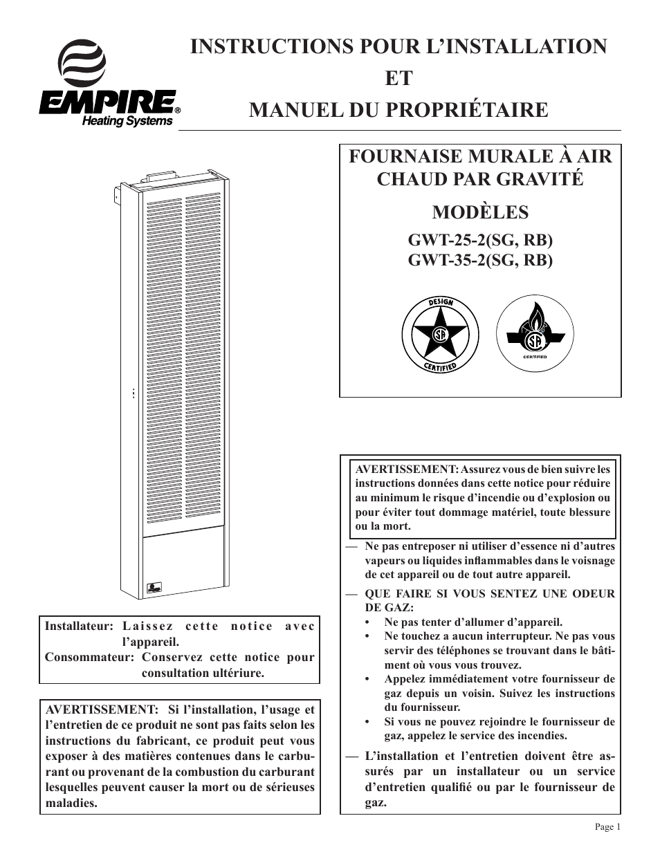 Fournaise murale à air chaud par gravité modèles | Empire Products GWT-35-2(SG User Manual | Page 21 / 60