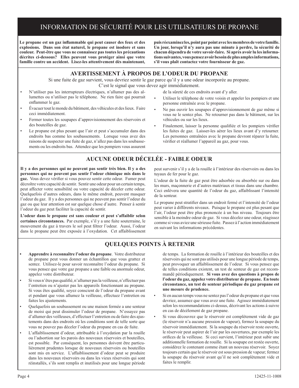 Aucune odeur décelée - faible odeur, Avertissement à propos de l’odeur du propane, Quelques points à retenir | Empire Products GWT-35-2(SG User Manual | Page 24 / 60