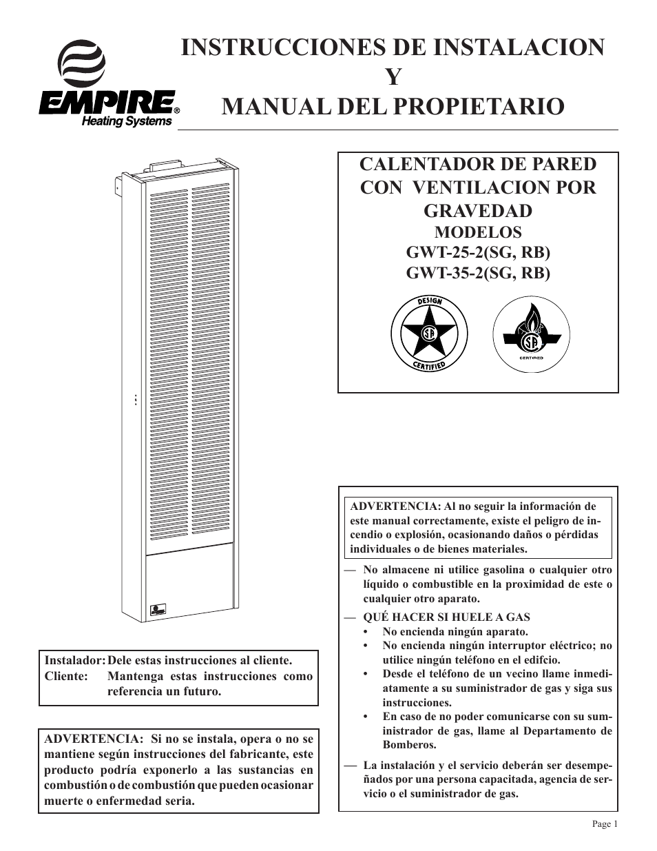 Calentador de pared con ventilacion por gravedad | Empire Products GWT-35-2(SG User Manual | Page 41 / 60