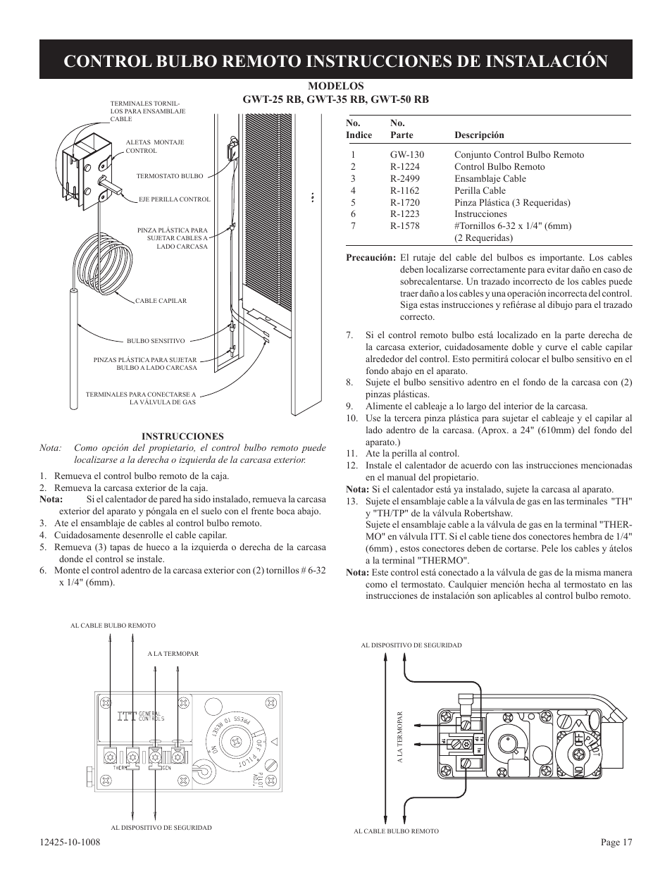 Control bulbo remoto instrucciones de instalación | Empire Products GWT-35-2(SG User Manual | Page 57 / 60