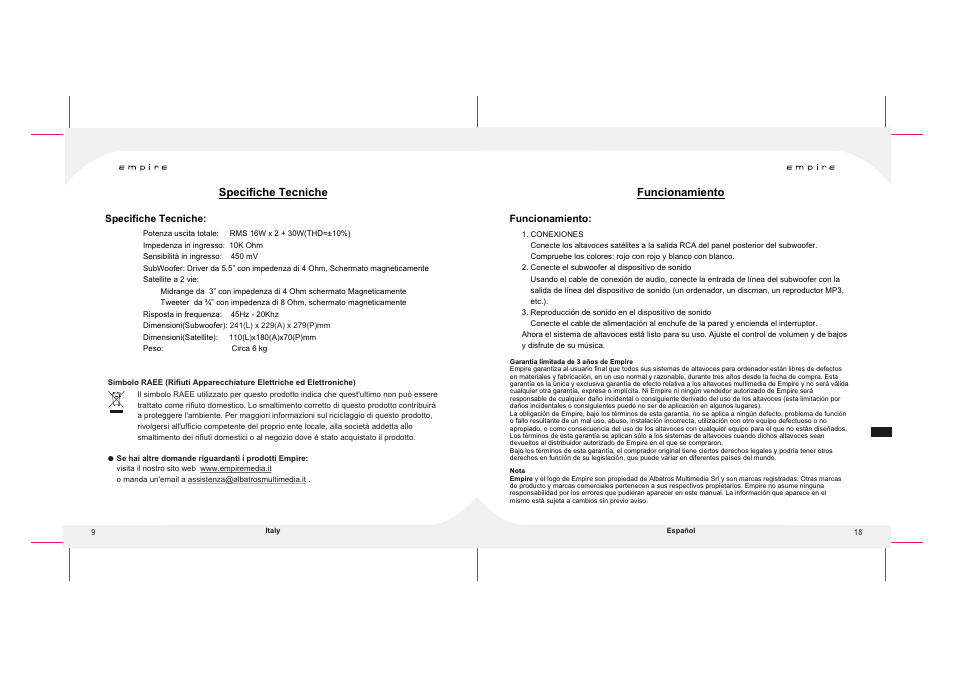 Т³гж 10, Specifiche tecniche, Funcionamiento | Empire Products X-GAMING 5000 User Manual | Page 10 / 14