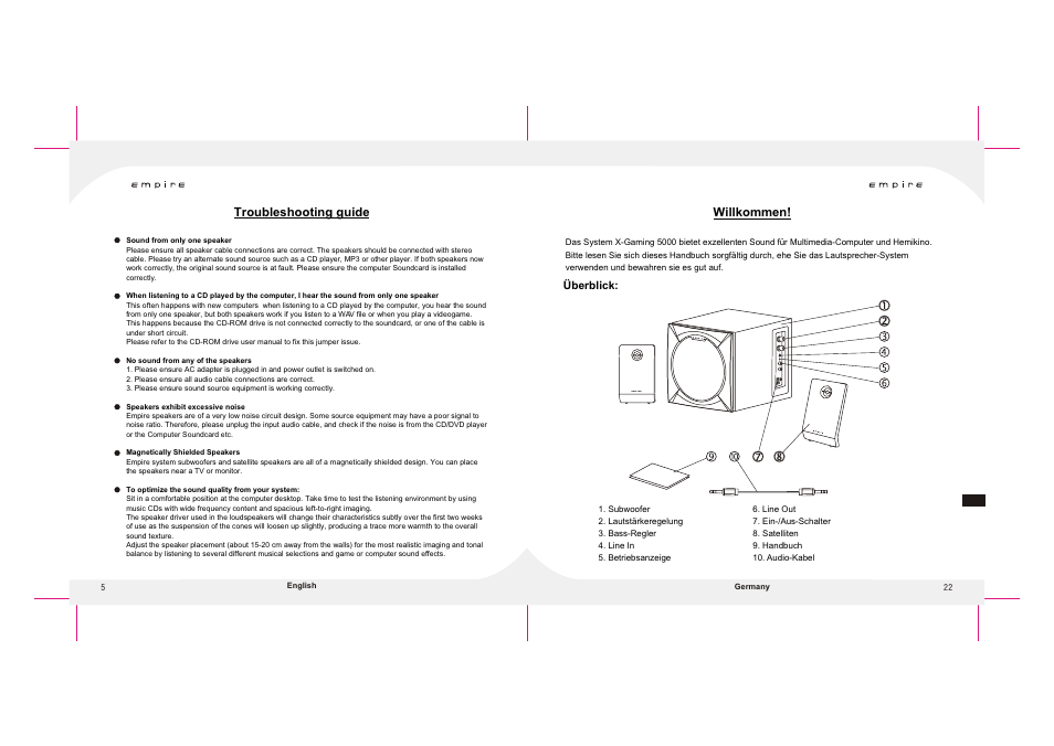 Т³гж 6, Troubleshooting guide, Willkommen | Empire Products X-GAMING 5000 User Manual | Page 6 / 14